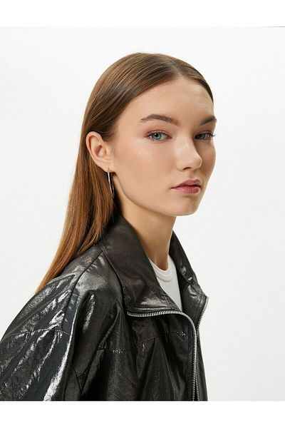 Koton Metallic Shiny Jacket Zippered Stand Collar Parachute Fabric