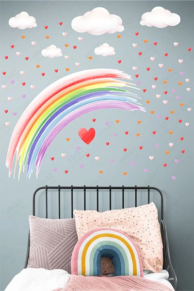 efekt reklam Pastel Rainbow and Hearts Kids Room Door-Wall Adhesive Sticker Set