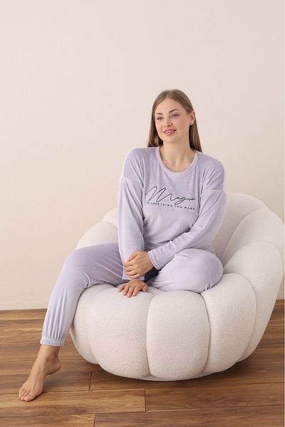 Temporium Women's Plus Size Curve French Velvet Round Neck Long Sleeve Pajamas Set