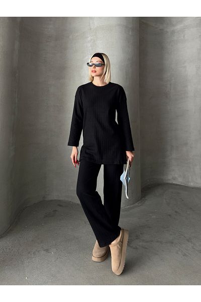 AFROGİYİM Women's Open Collar Ribbed Comfortable Cut Suit