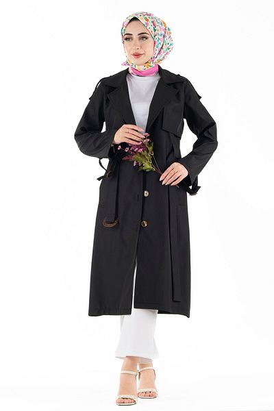 Sevitli Pocket Detailed Trench Coat-black