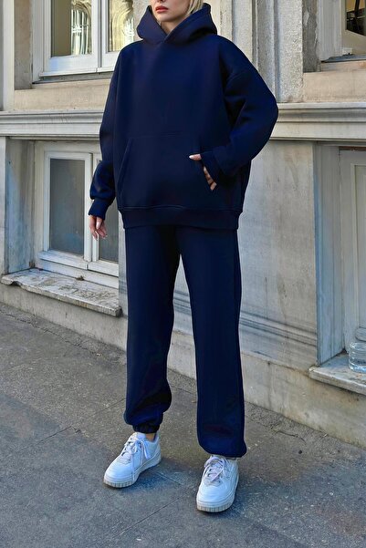 Swist Γυναικεία αθλητική φόρμα Navy Blue Felpa Hooded Φούτερ-Φούτερ με ράστερ