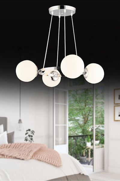 SONSUZ AYDINLATMA&AVİZE Queen Chrome 4-Piece Ring White Globe Glass Modern Chandelier
