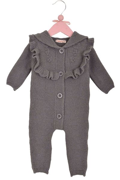 Minora Knitwear Baby Girl Hooded Floral Embroidery Jumpsuit Anthracite