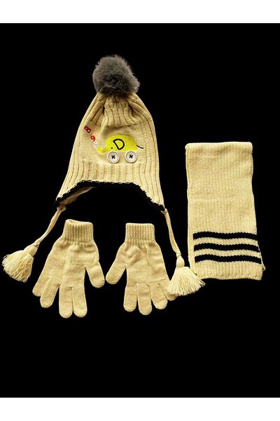 Kitti Cream Fleece Acrylic Beanie for Boy 4-8 Years - Set of 3 Scarf Gloves