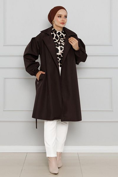 Sevitli Bitter Brown Double-Breasted Collar and Elastic Sleeve Trench Coat