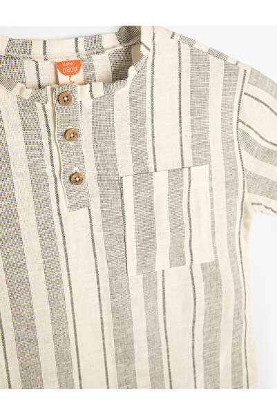 Koton Lněná košile s výstřihem a knoflíkem a kapsou