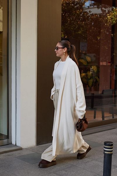 Askı Nişantaşı Cream Shawl Collar Long Cardigan