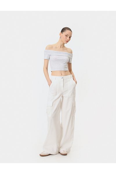 Koton Schulterfreies T-Shirt Crop Fold Detaillierte gerippte Kurzarm