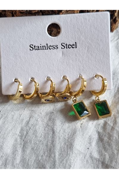 Brassito Green Stone 6-Piece Women's Steel Earrings - Dangle Gold Color, 316L Non-Tarnish