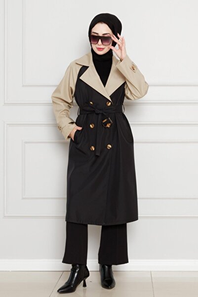 Sevitli İki Renkli Kemerli Trençkot-Siyah