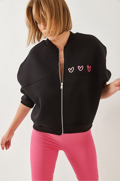 Bianco Lucci Women's Heart Embroidered Three Thread Ribbed Cardigan 6326 60251954