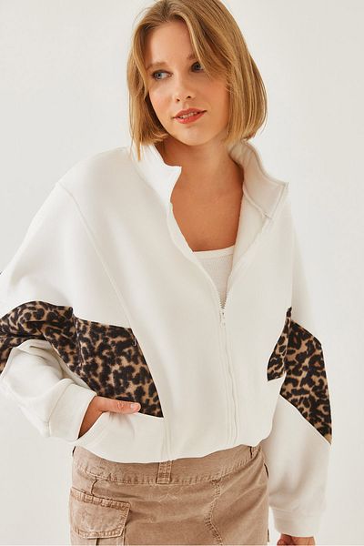 Bianco Lucci Women's Leopard Pattern Fleece Garnished Zippered Cardigan 6416 60251953
