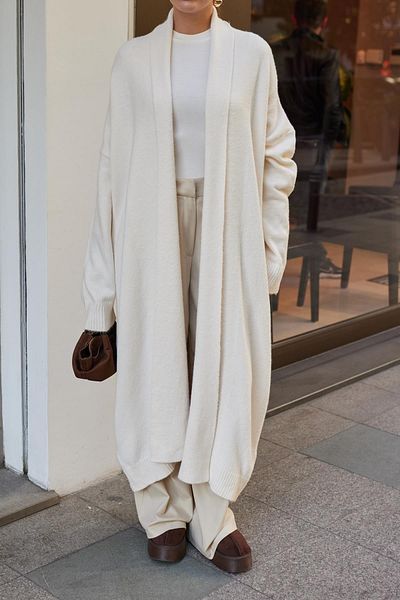 Askı Nişantaşı Cream Shawl Collar Long Cardigan