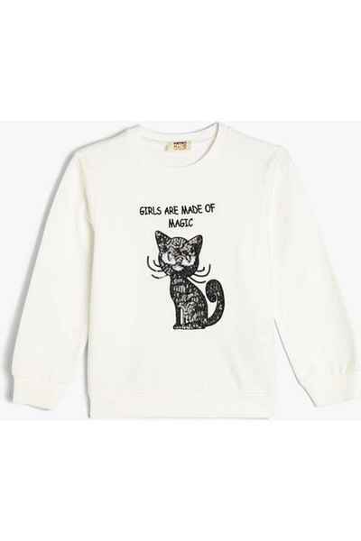 Koton Cat Printed Cotton Sweatshirt - Crew Neck, Long Sleeve