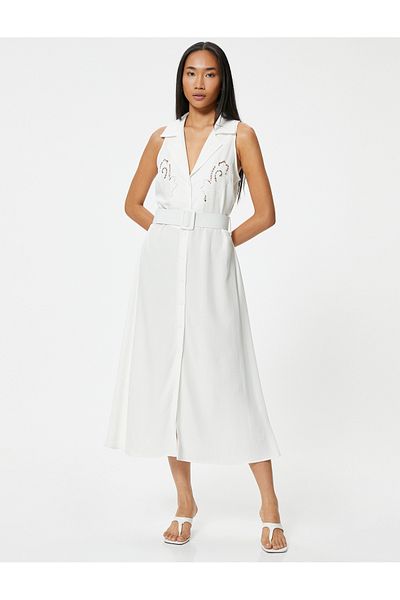 Koton Floral Scallop Detailed Belted Midi Sleeveless Shirt Dress