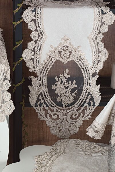 bursa çeyiz Velvet Kösem Living Room Set 5 Pieces - Cream