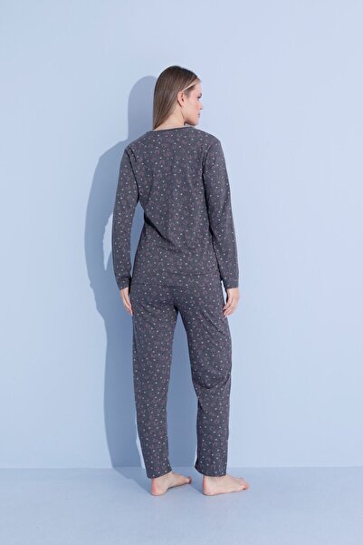 PİJAMOOD Pamuklu Gri Desenli Kadın Uzun Kol Pijama Takımı