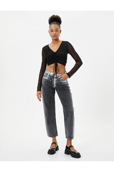 Koton Tricou Crop din tul Drapat cu detaliu cravată, cu decolteu în V, mânecă lungă