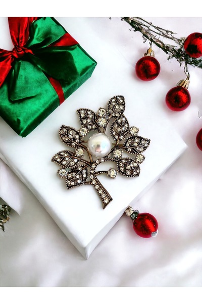 FAYRA ACCESSORIES Kristal Taşlı Ağaç Figürü Inci Broş