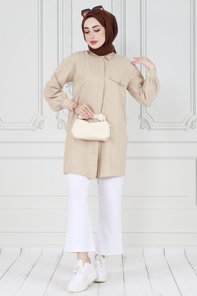 Sevitli Μπεζ τουνίκ - Καπάκι με πέτρινη λεπτομέρεια