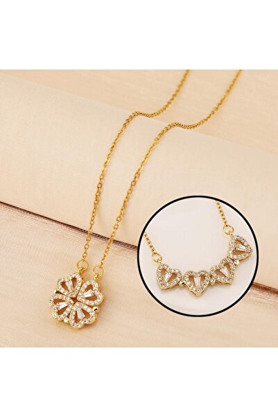 TREND COLLECTİON Kadın Paslanmaz Çelik Gold Zirkon Taşlı Yonca Kalp Kolye Ve Taşlı Yüzük Set (Hediyelik)