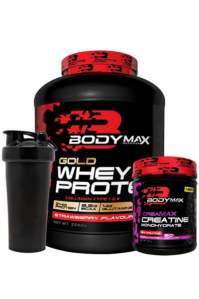 BODYMAX 2250 Gr Strawberry Flavored Gold Whey Protein Powder + Creamax Creatine 300 Gr + Shaker Gift