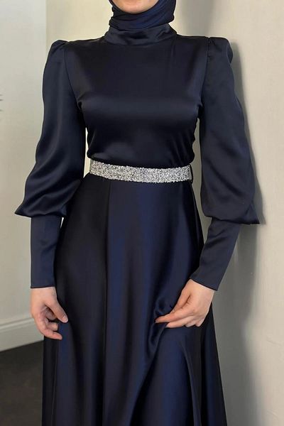 Swana Afra Stoned Waist Balloon Sleeve Evening Dress-Navy Blue