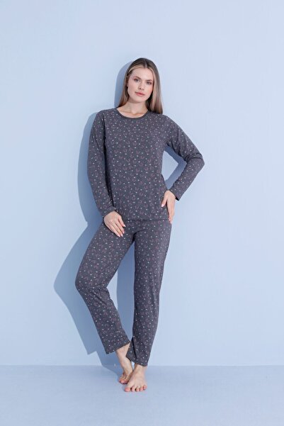 PİJAMOOD Pamuklu Gri Desenli Kadın Uzun Kol Pijama Takımı