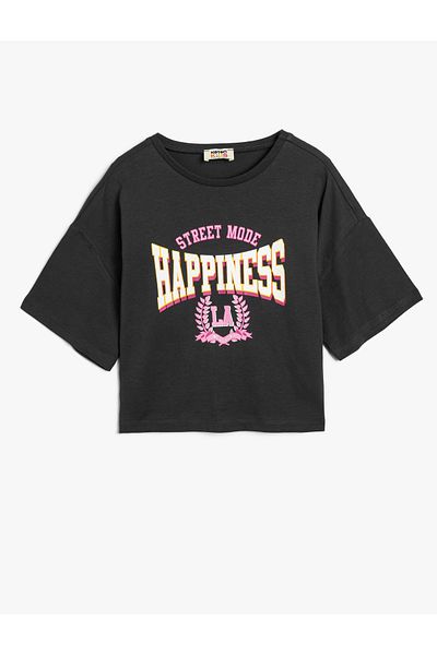 Koton Crew Neck Crop T-Shirt - Slogan Printed, Cotton, Short Sleeve