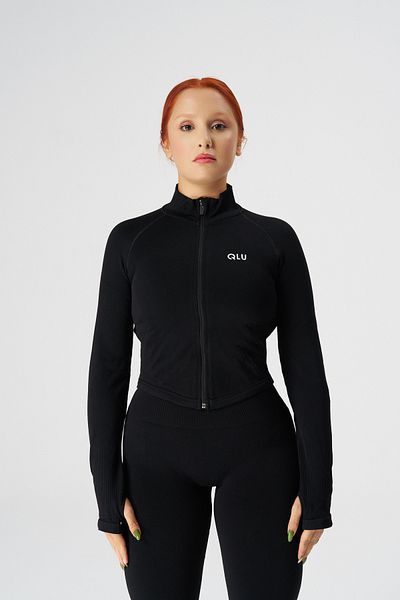 qlu Attractive Collection Women's Black Seamless/Seamless Zip-Up Crop Top
