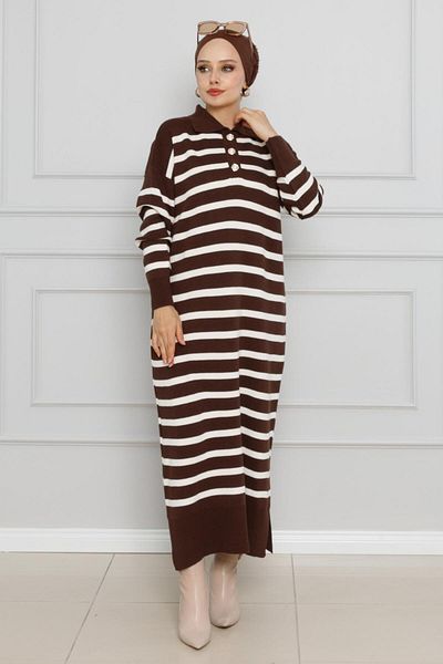 Sevitli Rochie din tricot cu dungi maro cu gât polo