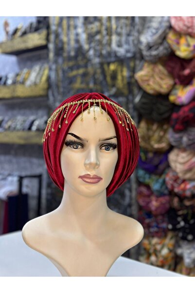 zagreus Kadın kırmızı kadıfe taşlı büzgülü bone