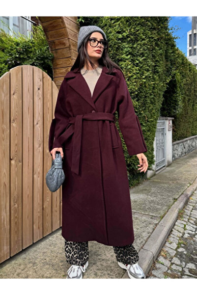 My Blog Burgunderfarbener Olaf-Wollmantel mit Ärmelgürtel und Gürtel 509030