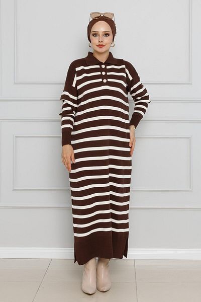 Sevitli Rochie din tricot cu dungi maro cu gât polo