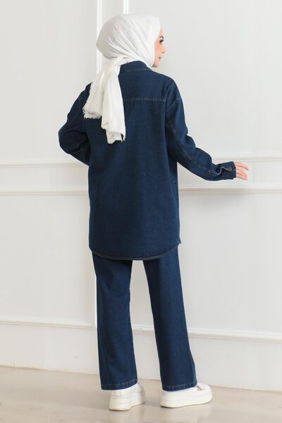 Modamihram Темно-синій джинсовий костюм з кишенями і тасьмою Детальніше 19207