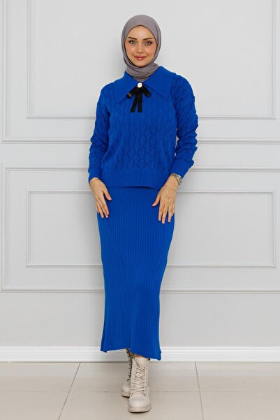 Sevitli Set de tricotaje tricotate Saks Blue - Guler de cămașă și Gilet