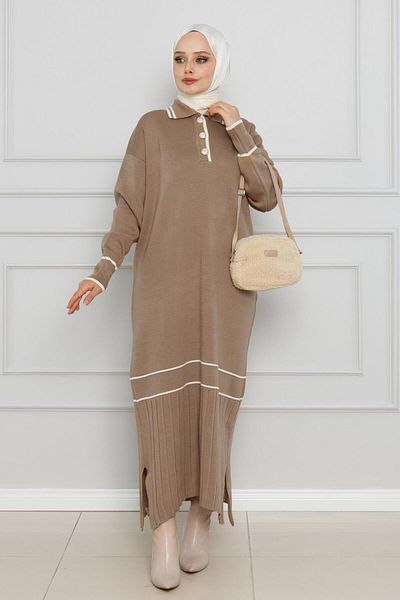 Sevitli Rochie tricotată cu gât polo cu fantă - MINK