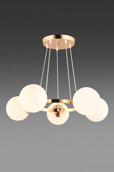 SONSUZ AYDINLATMA&AVİZE Endless Gold 5-Piece Ring White Globe Glass Modern Chandelier