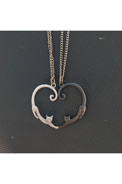 Köstebek Silver & Black Love Cat Pair Necklace