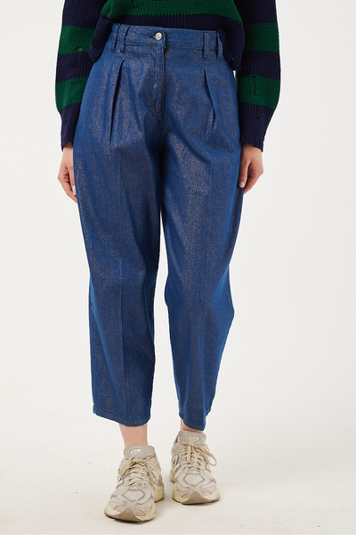 POODLE Pantaloni de damă din denim argintiu cu detaliu din fitil