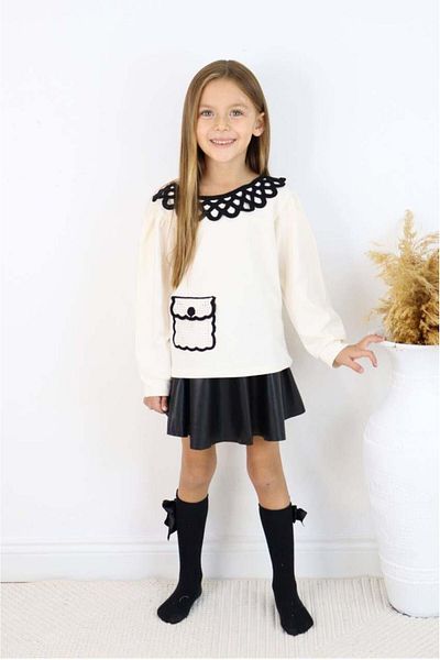 MİNİKO KİDS Girl's Collar Modeled Pocketed Leather Skirt Set