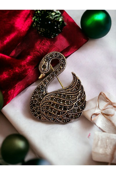 FAYRA ACCESSORIES Black Diamond Taşlı Kuğu Motif Broş