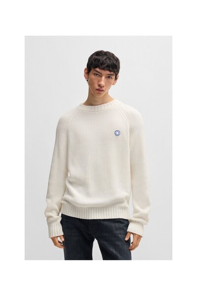 HUGO Logo rozetli ribanalı pamuk kumaştan kazak