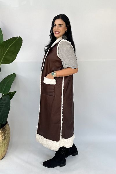 GÖKSEL Long Coffee Color Large Size Vest