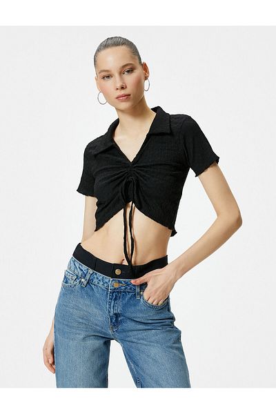 Koton Crop Polo Kragen T-Shirt Front gerafft Krawatte Strukturiert