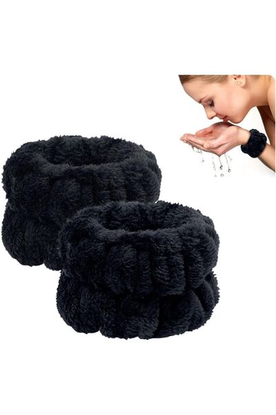 SB SizinBazar 2 Adet Peluş Siyah Renkli Su Emici Havlu Bilek - Yuz Yıkama Kol Bandı Sporcu Spa Bileklik (TAKIM)