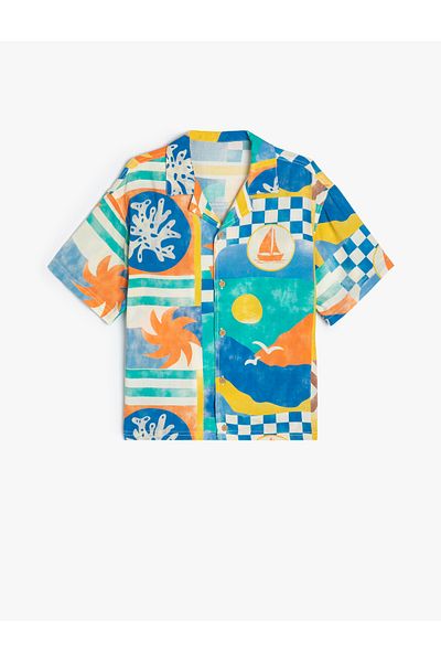 Koton Summer Printed Single Pocket Viscose Short Sleeve Shirt