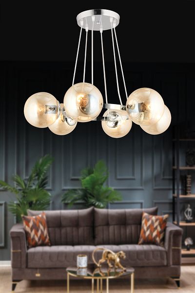 SONSUZ AYDINLATMA&AVİZE Infinite Chrome 6-Piece Ring Honey Globe Glass Modern Chandelier