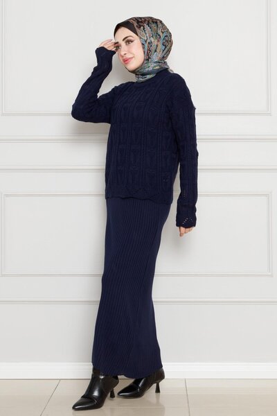 Sevitli Lace Embroidered Gilet Knitwear Set-Navy Blue